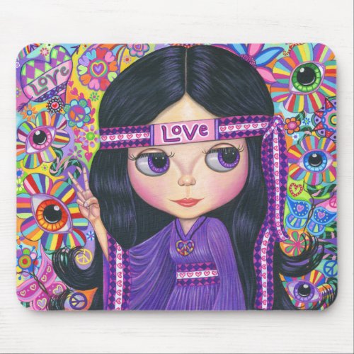 Love Headband Hippie Girl Doll Purple Psychedelic Mouse Pad