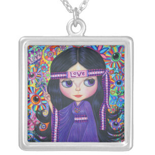 Love Headband Hippie Girl Doll Purple Psychedelic Silver Plated Necklace