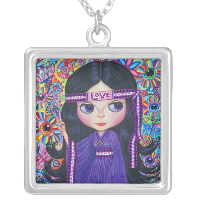 Love Headband Hippie Girl Doll Purple Psychedelic Silver Plated Necklace (Front)