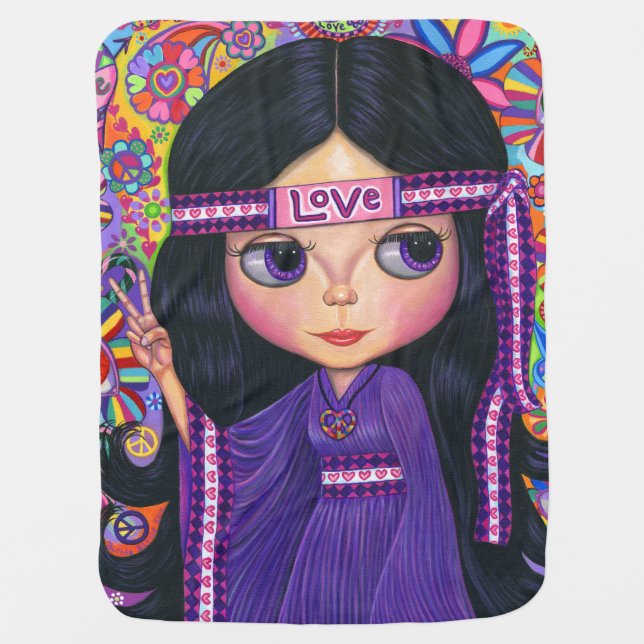 Love Headband Hippie Girl Doll Purple Psychedelic Swaddle Blanket (Front)