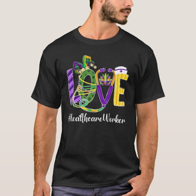 Love Healthcare Worker Leopard Mardi Gras Festival T-Shirt (Front)