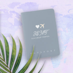 love heart + airplane, initials & name Dusty Blue Passport Holder