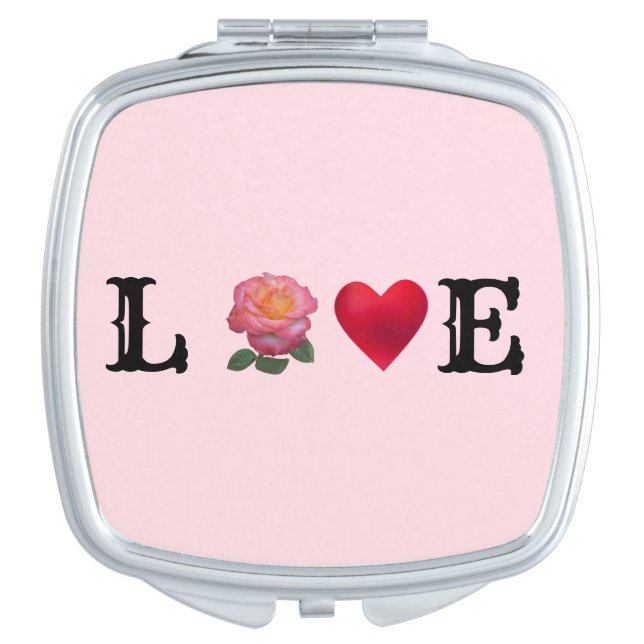 Love heart and pink rose flower compact mirror (Front)