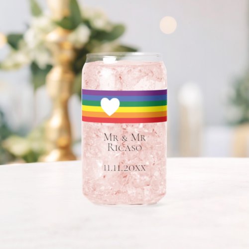 Love Heart and Rainbow Gay Wedding Can Glass
