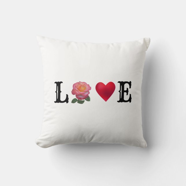 Love Heart and Rose Flower Throw Pillow (Front)