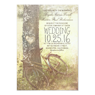 Love heart birch tree and bicycle rustic wedding invitation
