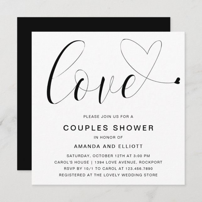 Love Heart Black and White Modern Couples Shower Invitation (Front/Back)