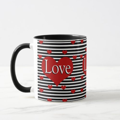 Love Heart Black and White Stripes Ceramic Mug