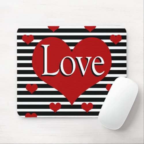 Love Heart Black and White Stripes Mousepad