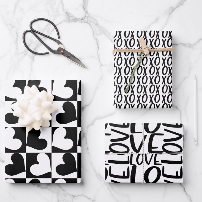 Love Heart Black and White Valentines Wrapping Paper Sheets (Front)