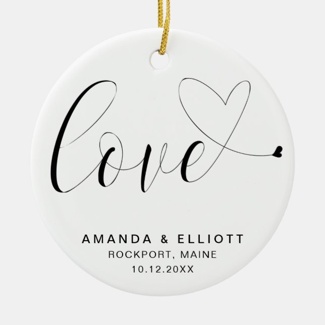 Love Heart Black and White Wedding Favor Ceramic Ornament (Front)