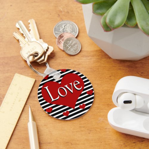 Love Heart Black Stripes Round Keychain