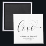 Love Heart Black White Cute Wedding Favor Magnet<br><div class="desc">Cute wedding favor magnet featuring the word, "love" in black calligraphy with a heart swash at the end, over a white background. The simple and minimal layout and lots of open space give this design a modern feel and the calligraphy lettering and hearts give it a romantic twist. These custom...</div>