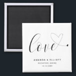 Love Heart Black White Cute Wedding Favor Magnet<br><div class="desc">Cute wedding favor magnet featuring the word, "love" in black calligraphy with a heart swash at the end, over a white background. The simple and minimal layout and lots of open space give this design a modern feel and the calligraphy lettering and hearts give it a romantic twist. These custom...</div>