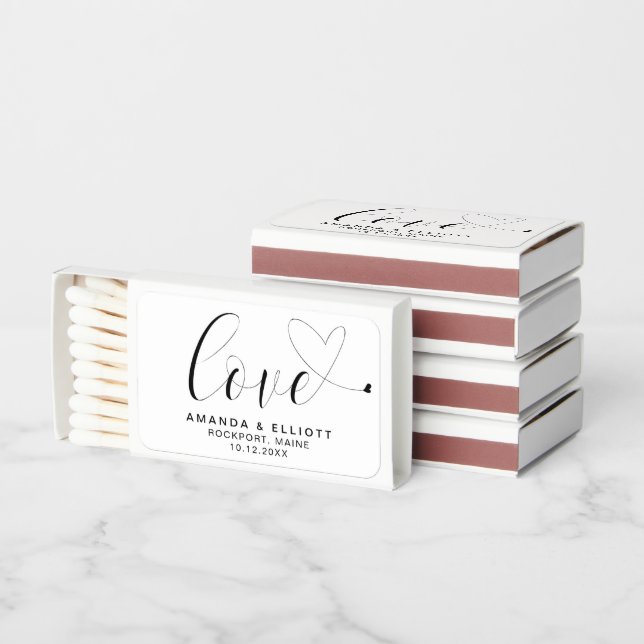 Love Heart Black White Cute Wedding Matchboxes (Stacked)