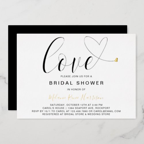 Love Heart Black White Modern Bridal Shower Gold Foil Invitation