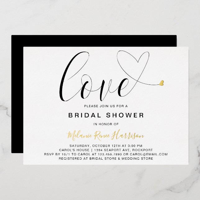 Love Heart Black White Modern Bridal Shower Gold Foil Invitation (Front/Back)
