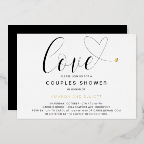 Love Heart Black White Modern Couples Shower Gold Foil Invitation