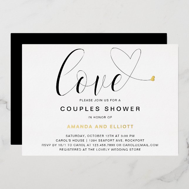 Love Heart Black White Modern Couples Shower Gold Foil Invitation (Front/Back)