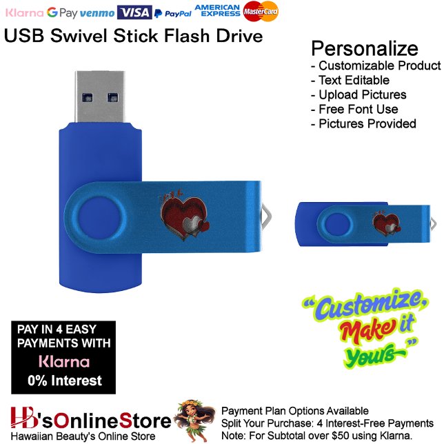 Love Heart Blue USB Home Office School Business  Flash Drive (Love Heart Blue Flash Drive Stick for Home Office School & Business.)