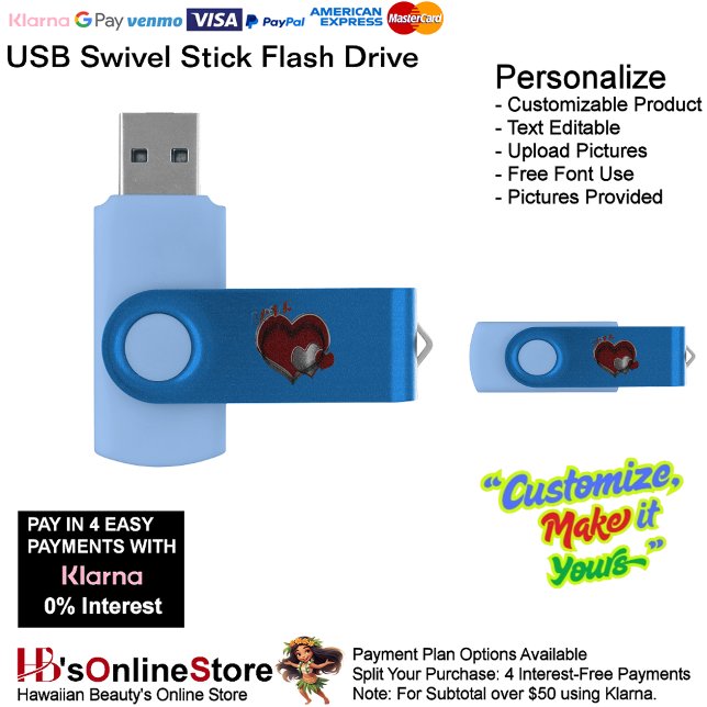 Love Heart Blue USB Home Office School Business  Flash Drive (Love Heart Blue Flash Drive Stick for Home Office School & Business.)