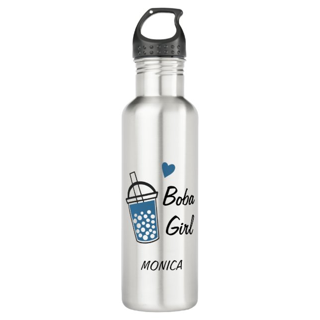 Love Heart Boba Girl Custom Personalized Novelty Stainless Steel Water Bottle (Front)