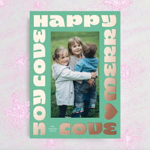 love heart bold rose gold   christmas photo green foil holiday card