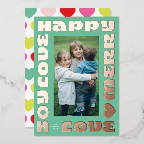 love heart bold rose gold  christmas photo green foil holiday card