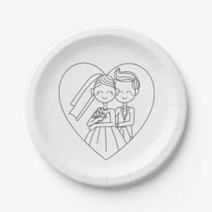 Love Heart Bride & Groom Black And White Wedding Paper Plates