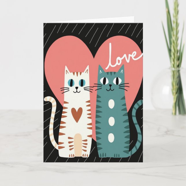 Love Heart Cats Striped Polka Dot Card (Front)