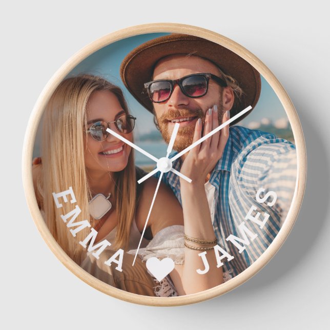 Love Heart Couples Photo Personalized Names Gift Clock (Front)