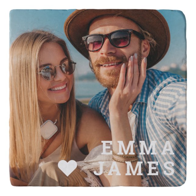 Love Heart Couples Photo Personalized Names Gift Trivet (Front)