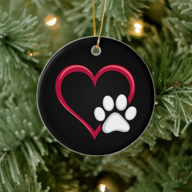 Love Heart Dog Paw Valentine's Day Dog Lover Ceramic Ornament (Tree)