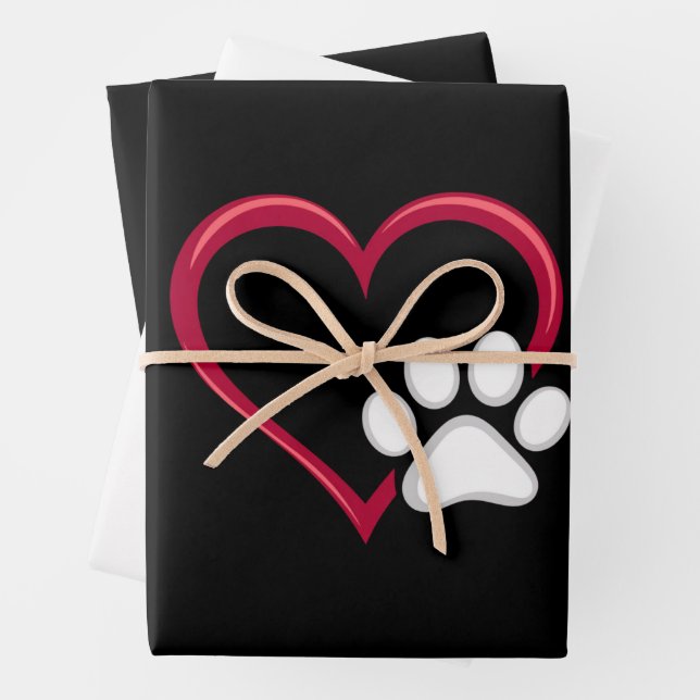 Love Heart Dog Paw Valentine's Day Dog Lover Wrapping Paper Sheets (In situ)