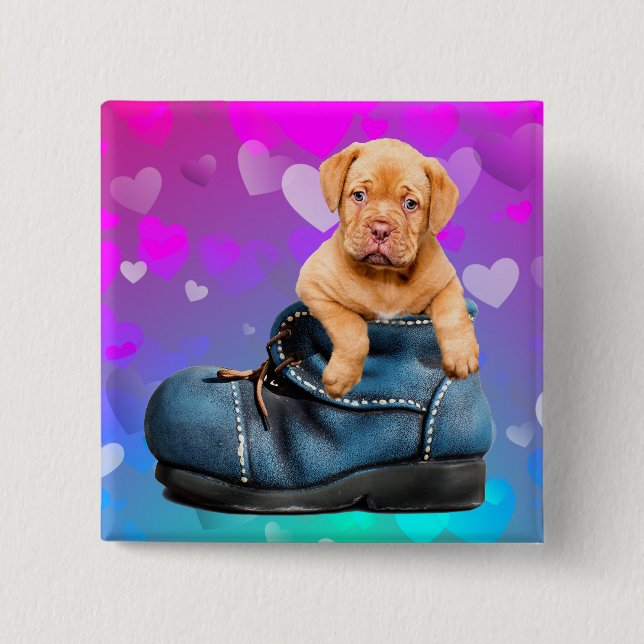 Love Heart Dogue de Bordeaux Puppy in a Boot Pinback Button (Front)