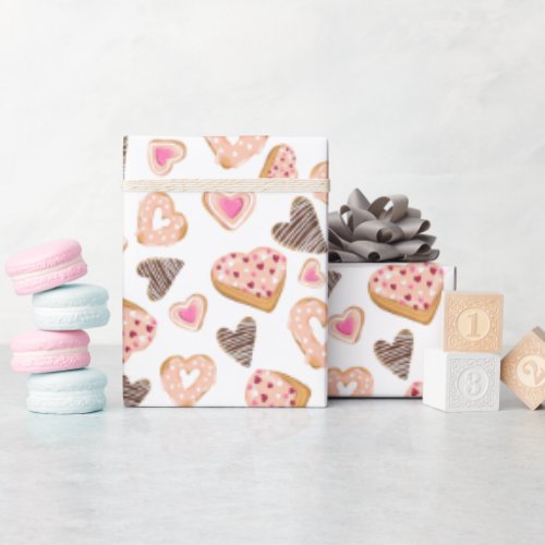 Love heart donuts sweet pastry pink valentine wrapping paper