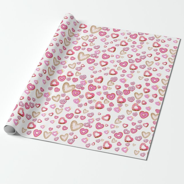 Love heart donuts sweet pastry pink valentine wrapping paper (Unrolled)