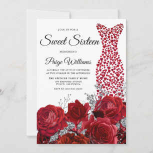 Love Heart Dress Red Roses Sweet 16 Party Invitation