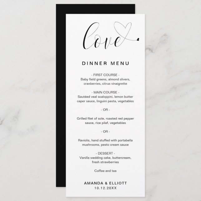 Love Heart Elegant Wedding Menu (Front/Back)