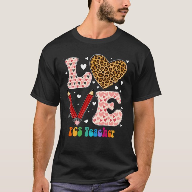 Love Heart FCS Teacher Leopard Plaid Red Valentine T-Shirt (Front)