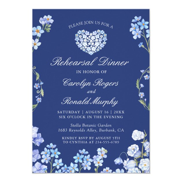 Love Heart Forget Me Nots Floral Rehearsal Dinner Invitation