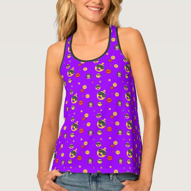 Love, heart, funny, girl emoji on neon purple tank top (Front)