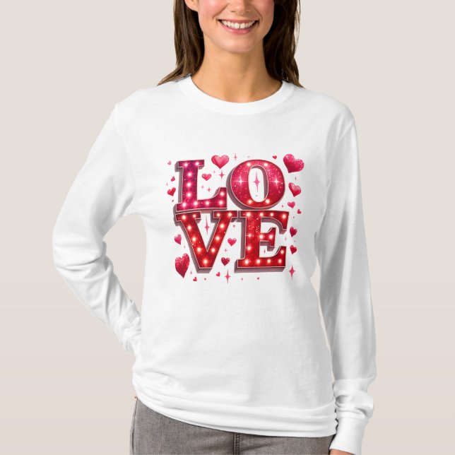 Love Heart Glittery Red Pink Valentine’s Day White T-Shirt (Front)