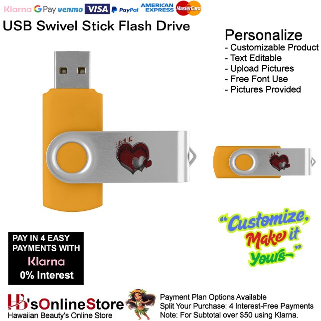 Love Heart Gold USB Home Office School Business  Flash Drive (Love Heart Gold Flash Drive Stick for Home Office School & Business.)