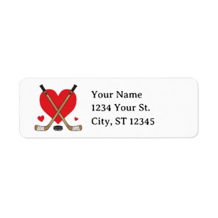 Love Heart Hockey Sticks and Puck Return Address Label