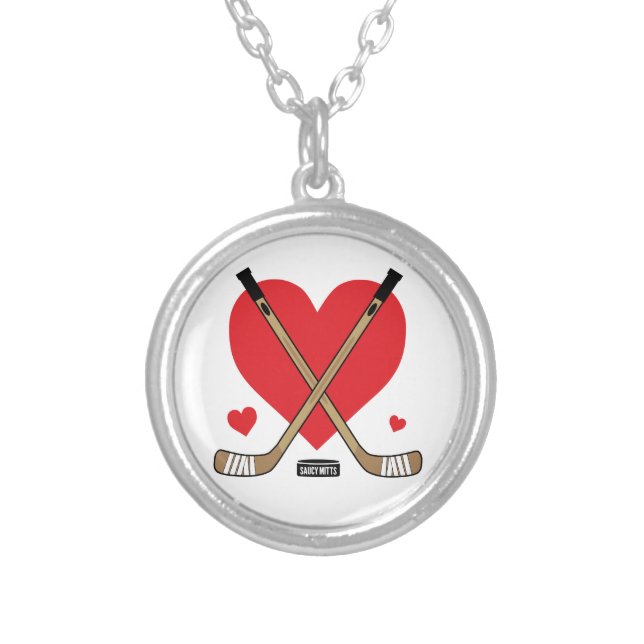 Love Heart Hockey Sticks Women's Girls Silver Plated Necklace (Front)