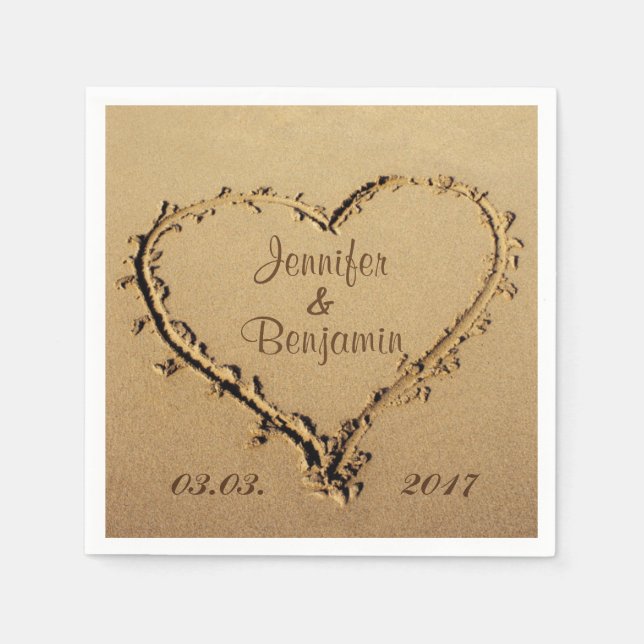 Love Heart in the Sand Personalized Names Wedding Napkins (Front)