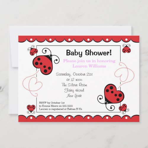 Love Heart Ladybug Baby Shower Invitations Girl