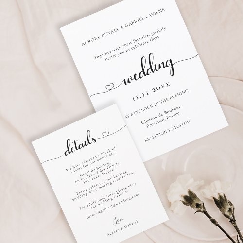 Love Heart Modern Black And White Wedding Details  Invitation