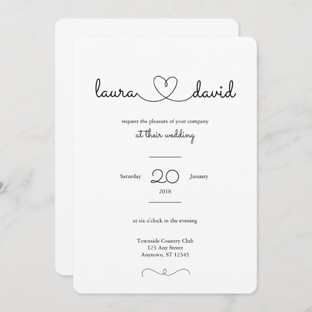 Love Heart Modern Black & White Wedding Invitation (Front/Back)